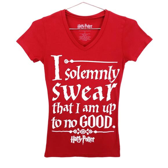 Harry Potter T Shirt Womens Extra Small Red White Marauders Map Oath V Neck Tee - Picture 1 of 5